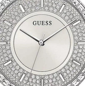 Close up shot of Guess GW0402L1 on wrist showing the silver glitz dial and baguette crystal bezel