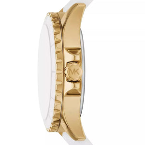 Side profile of a Michael Kors watch featuring a polished gold-tone case with a textured bezel, a white dial, and a white strap, on a clean white background.
