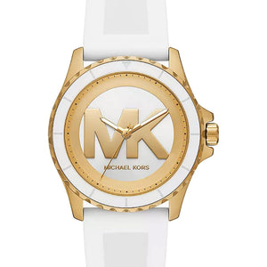 Michael Kors analog watch with a white silicone strap, white dial, and gold-tone case and details, featuring the signature MK logo.