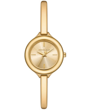 Michael Kors gold-tone bangle watch with a round bezel, matching gold dial, and integrated bracelet on a white background.