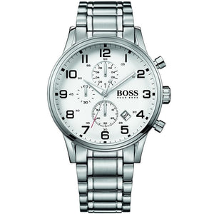 Authentic real-life photo of Boss Aeroliner 1513182 showing the silver bracelet and white chronograph dial with Arabic numerals from Luxury Hub Store