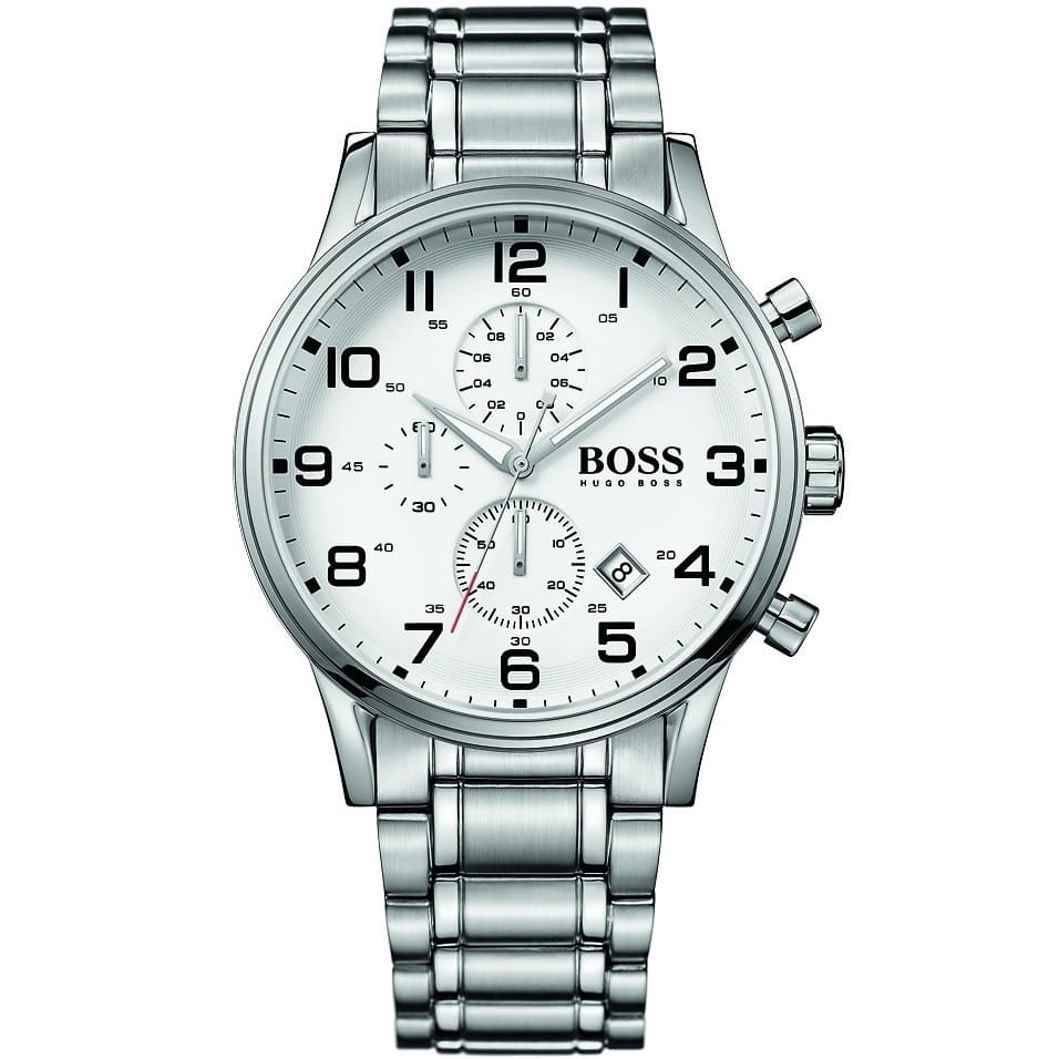 Authentic real-life photo of Boss Aeroliner 1513182 showing the silver bracelet and white chronograph dial with Arabic numerals from Luxury Hub Store
