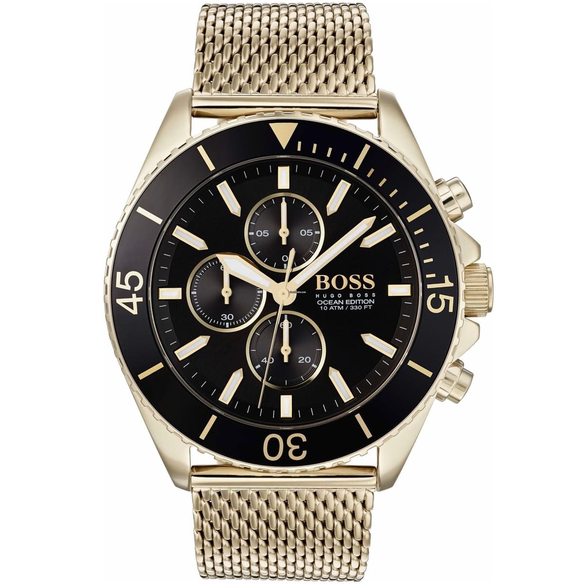 Hugo Boss Ocean Edition 1513703 men's watch with black dial, gold metal mesh strap, and 100m water resistance main view