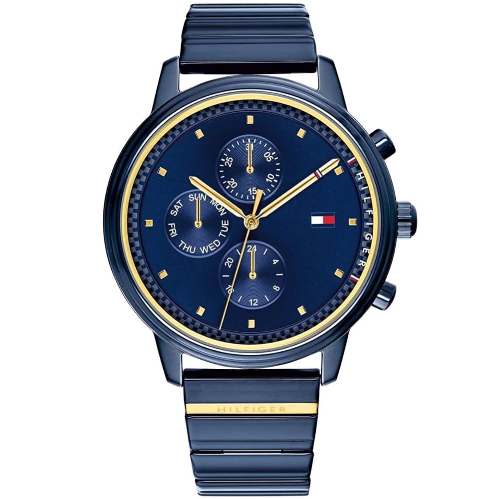 Authentic real-life photo of Tommy Hilfiger 1781893 showing actual navy blue finish and gold accents