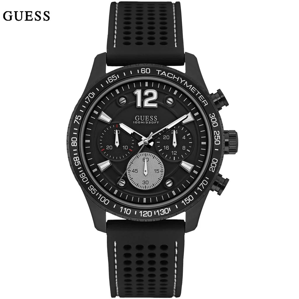 1. Guess Fleet W0971G1 men's chronograph watch with black case and white sub-dials