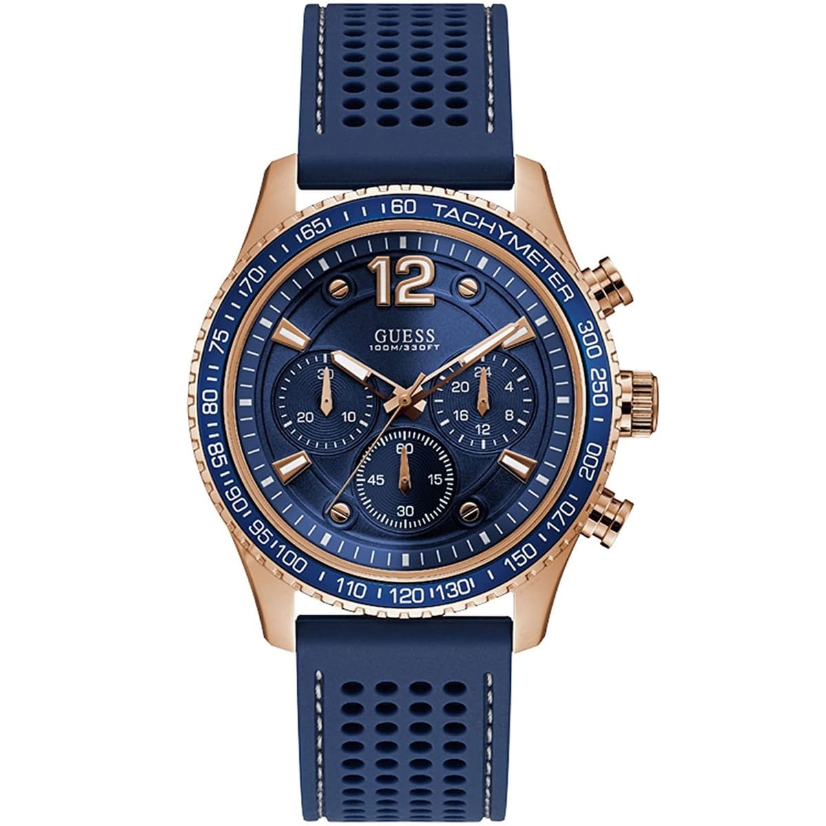 1. Guess Fleet W0971G3 men's watch with rose gold case and blue rubber strap