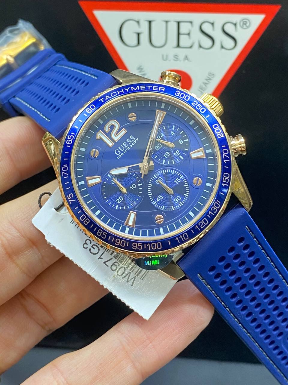 10. Authentic real-life photo of the Guess W0971G3 showing actual rose gold and blue finish in Egypt