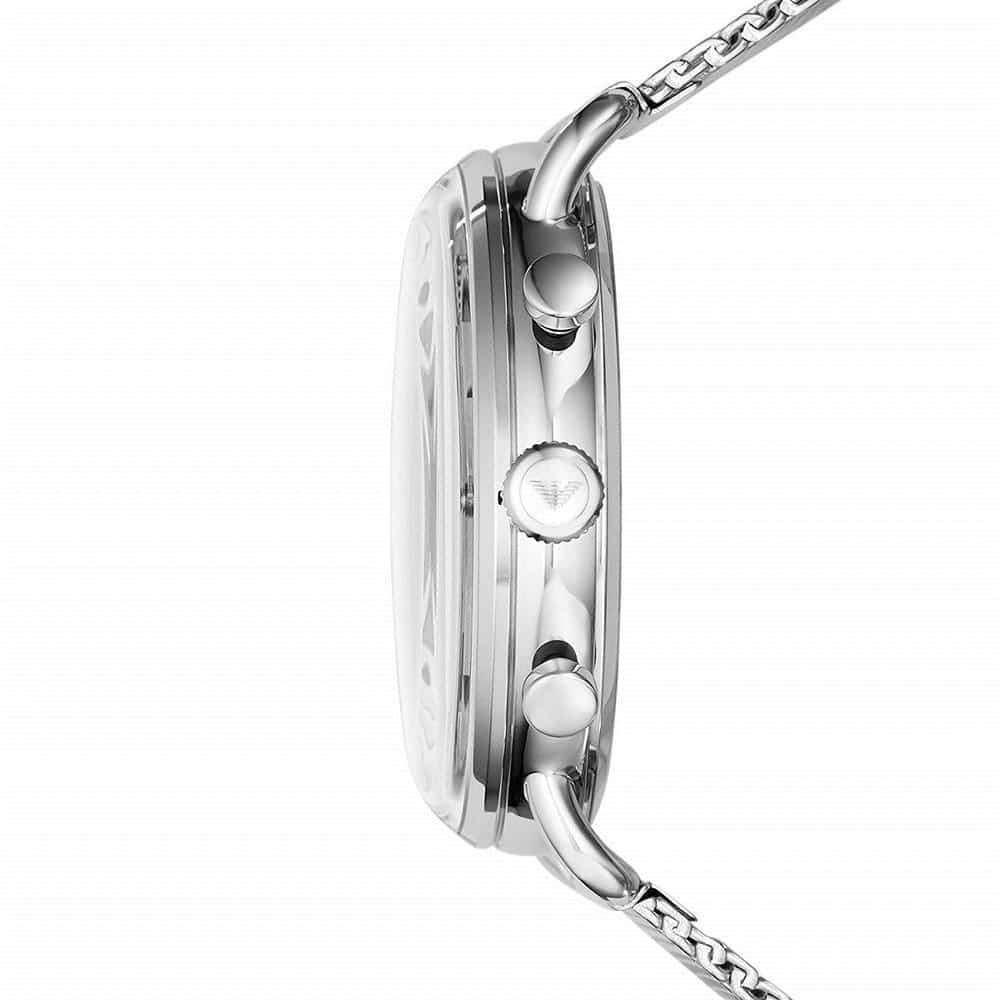 Side view of Emporio Armani AR11104 showing silver crown and wire lugs
