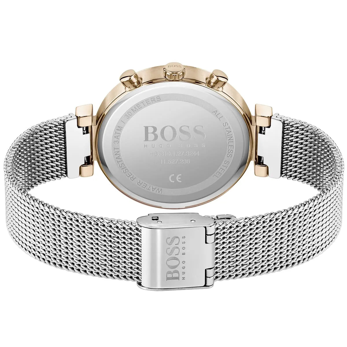 Perspective view of the silver sunray dial and crystal markers of Hugo Boss watch