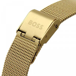 Gold tone stainless steel sliding clasp on the Hugo Boss 1502659 mesh watch