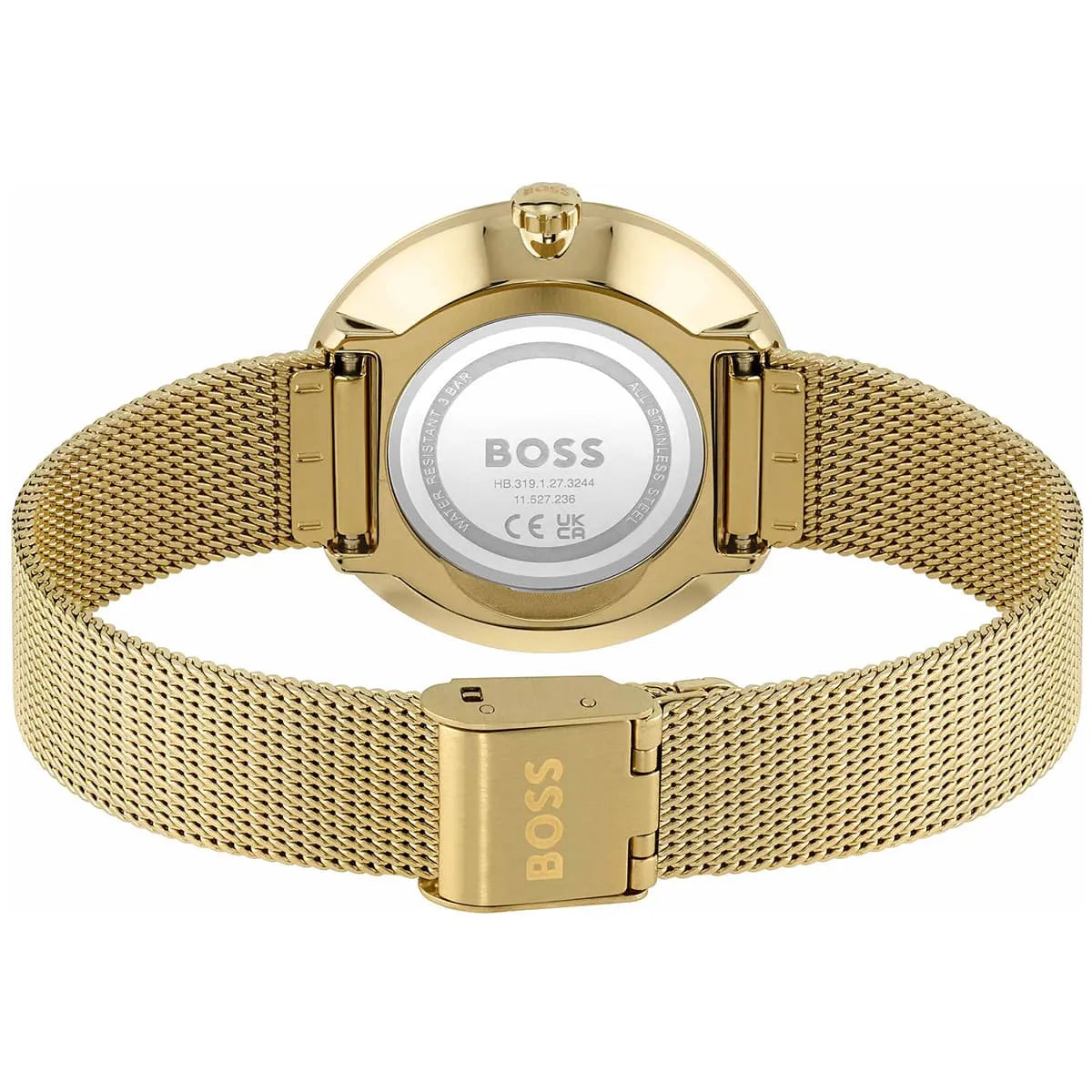 Perspective view of the radiant crystal dial and gold hands of Hugo Boss watch