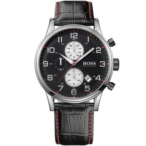 Front view of Hugo Boss Aeroliner 1512631 men's watch with black dial, silver case and black leather strap.