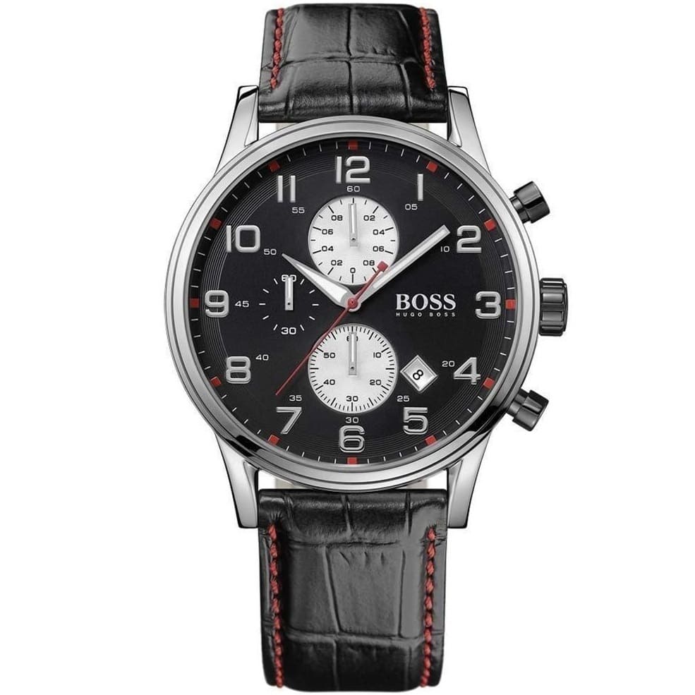Front view of Hugo Boss Aeroliner 1512631 men's watch with black dial, silver case and black leather strap.