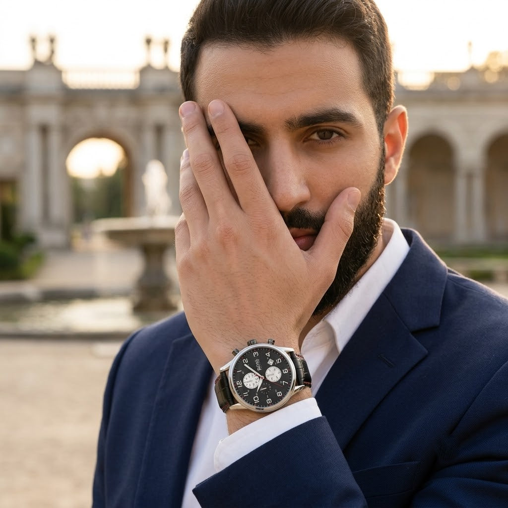 Lifestyle luxury shot featuring Hugo Boss Aeroliner 1512631 men's watch.