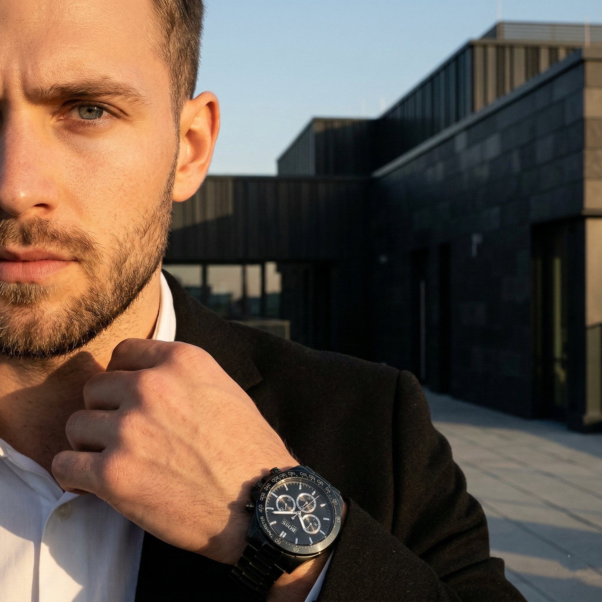 Professional man wearing Hugo Boss Ikon 1512961 with black dial and black metal link strap water resistant 100m