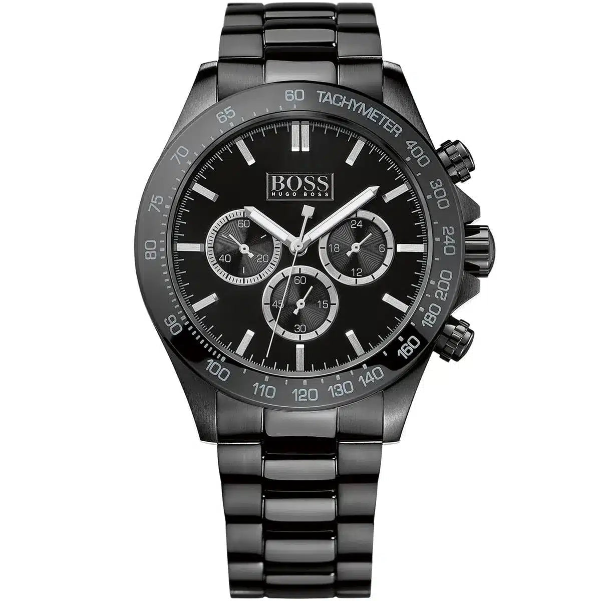 Hugo Boss Ikon 1512961 men's watch with black sunray dial, black ion-plated metal link strap, and 100m water resistance main view