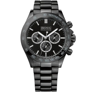 Hugo Boss Ikon 1512961 men's watch with black sunray dial, black ion-plated metal link strap, and 100m water resistance main view