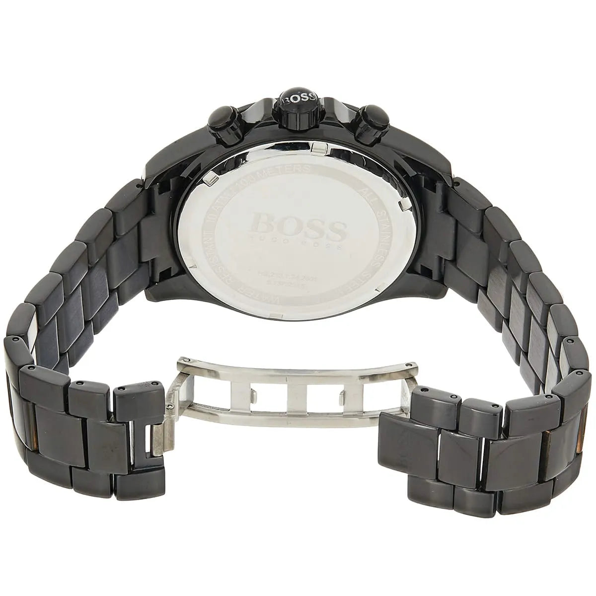 Black metal deployment clasp on Hugo Boss Ikon 1512961 black dial watch water resistant 100m