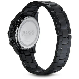 Caseback of Hugo Boss Ikon 1512961 showing technical specs black dial and black metal strap 100m water resistance