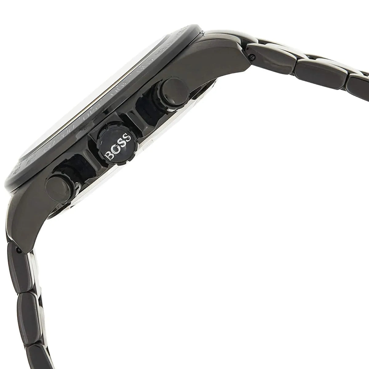 Side profile of Hugo Boss Ikon 1512961 showing 12mm thickness and black finish with 100m water resistance