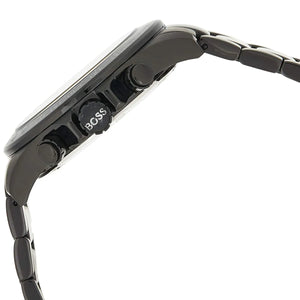 Side profile of Hugo Boss Ikon 1512961 showing 12mm thickness and black finish with 100m water resistance