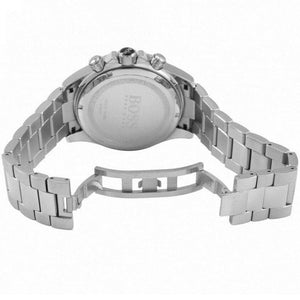 Silver metal deployment clasp on Hugo Boss Ikon 1512962 silver dial watch water resistant 100m