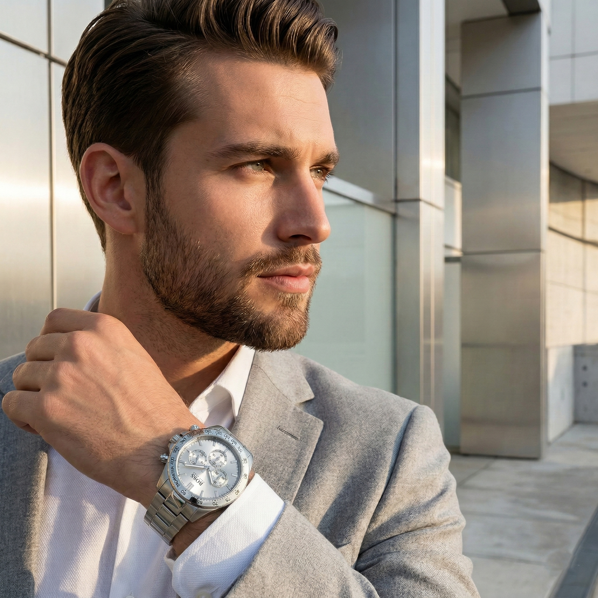 Professional man wearing Hugo Boss Ikon 1512962 with silver dial and silver metal link strap water resistant 100m