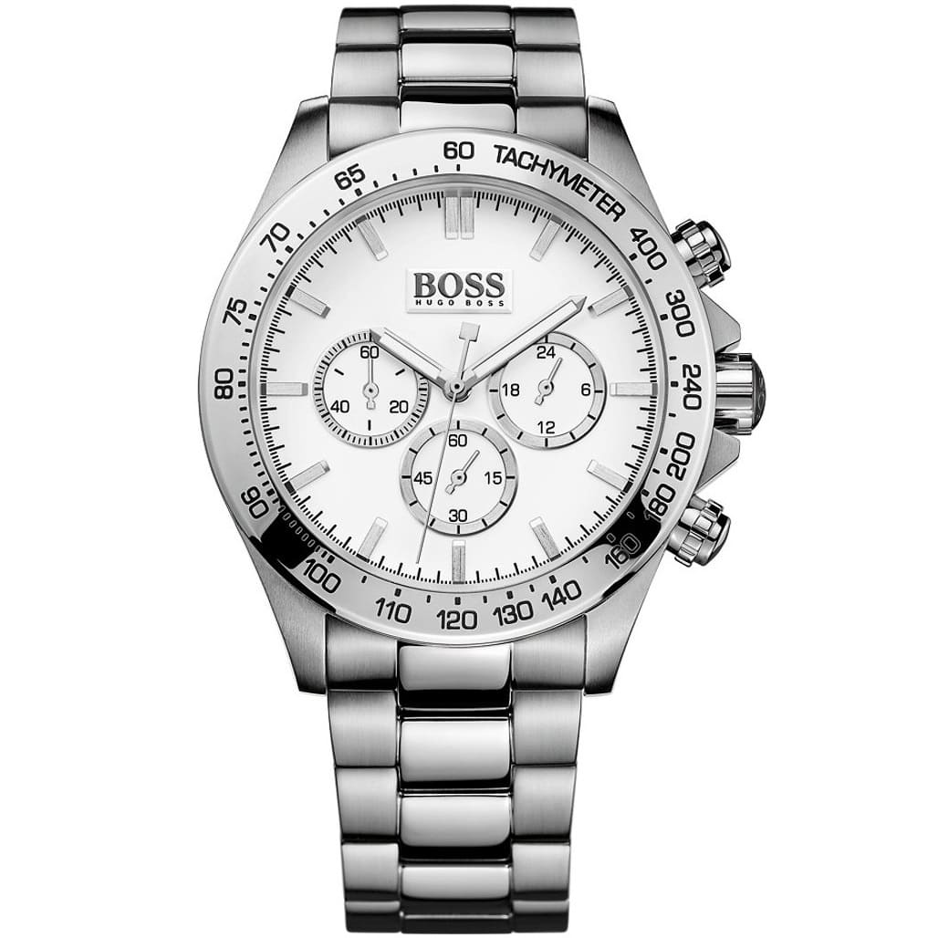 Hugo Boss Ikon 1512962 men's watch with silver sunray dial, silver metal link strap, and 100m water resistance main view