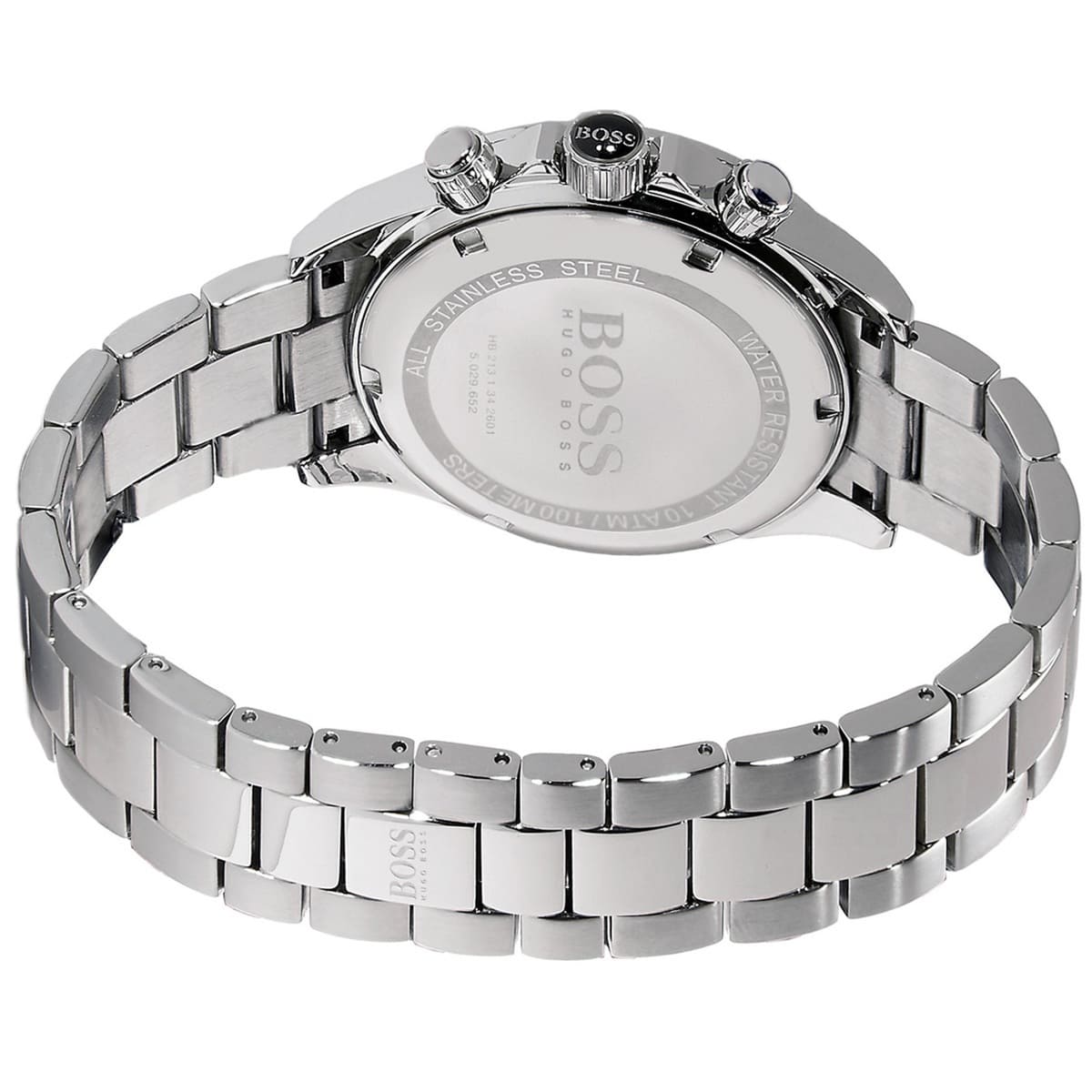 Caseback of Hugo Boss Ikon 1512963 men's quartz battery watch showing technical specs 100m water resistance and metal strap