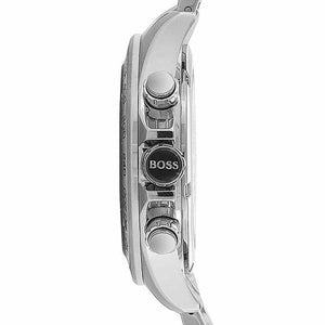 Detailed view of silver-tone crown and professional pushers on Hugo Boss Ikon 1512963 men's quartz battery watch