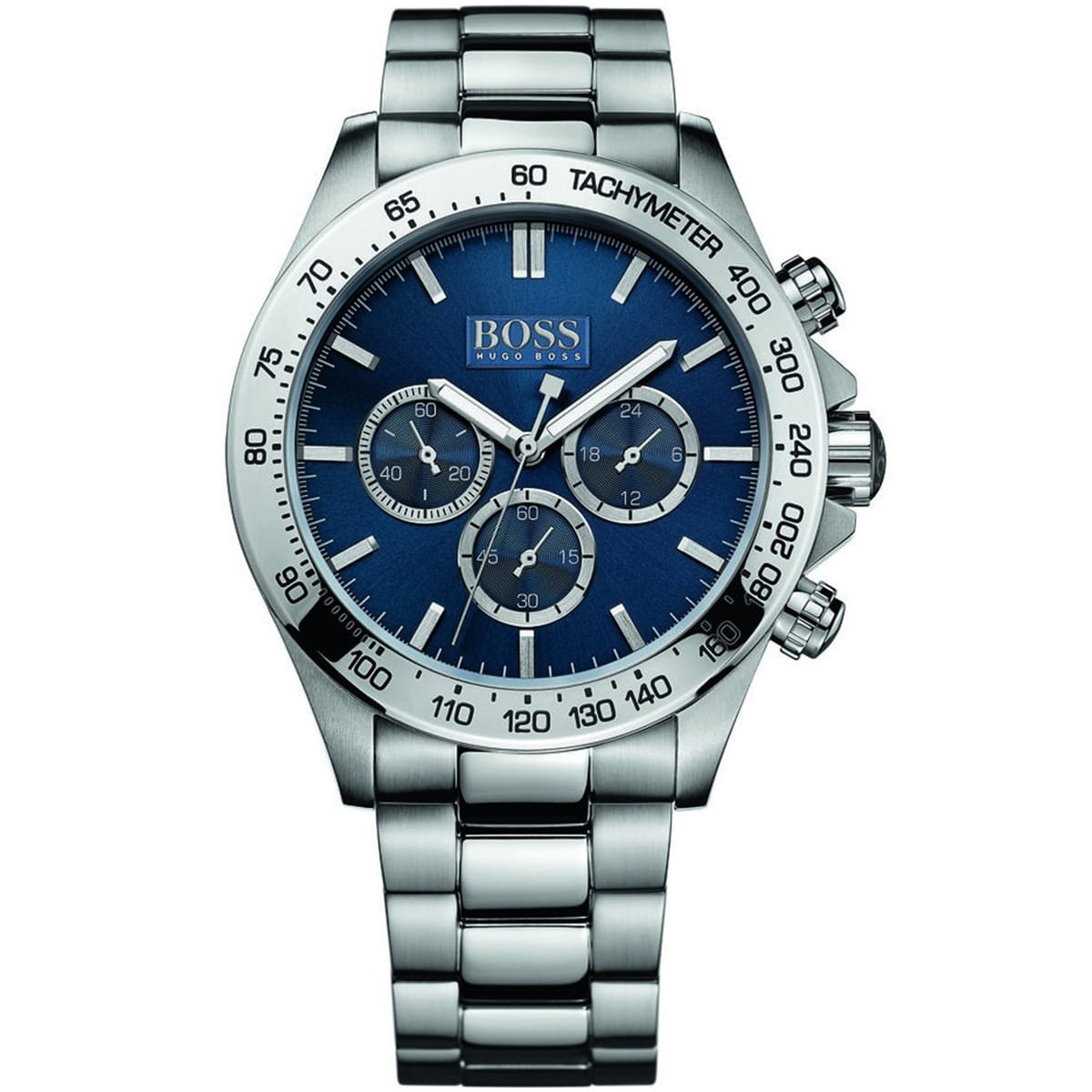Hugo Boss Ikon 1512963 men's quartz battery watch with blue sunray dial, silver-tone chronograph sub-dials, silver bezel, silver stainless steel bracelet main view