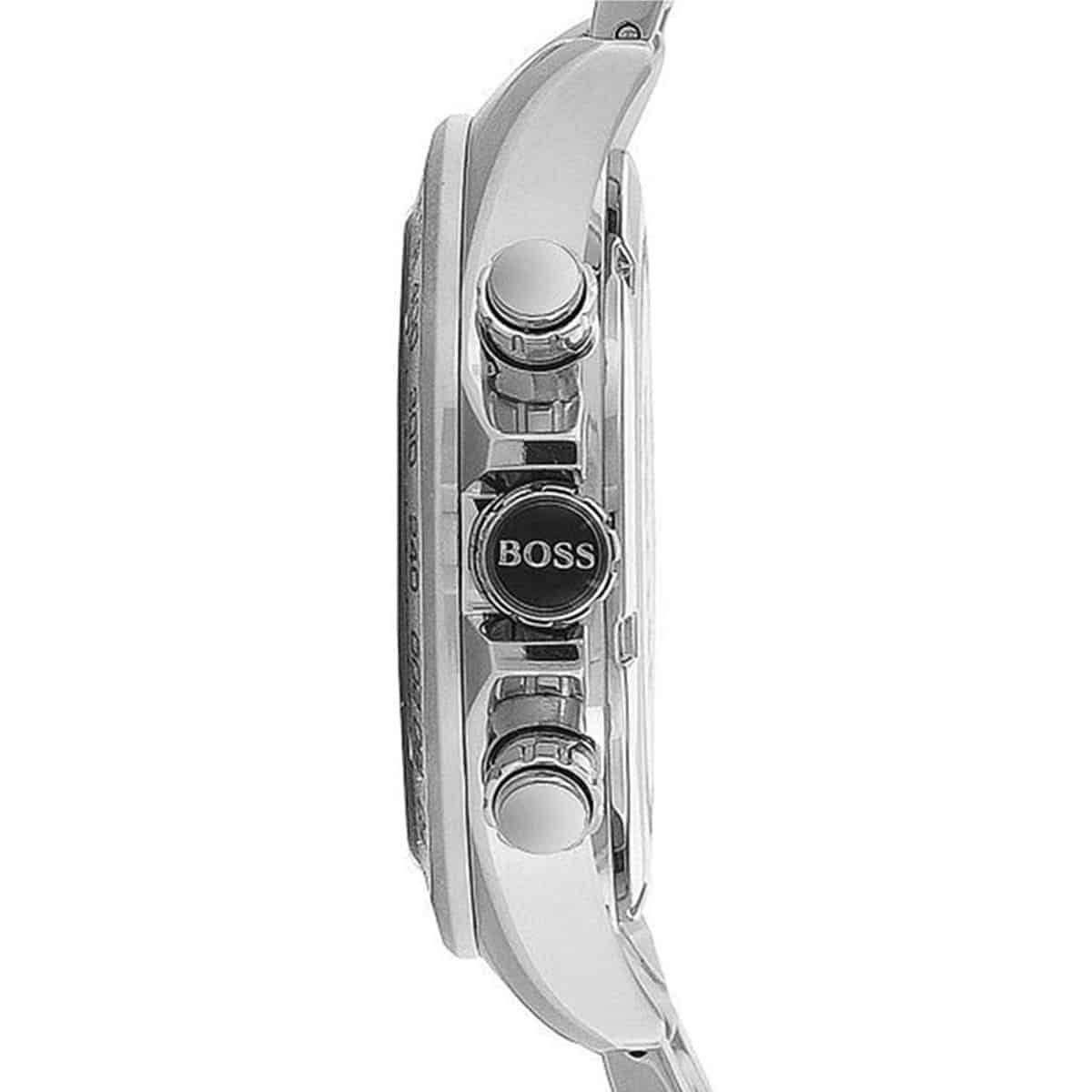Side profile of Hugo Boss Ikon 1512965 showing 12mm thickness and silver finish with 100m water resistance