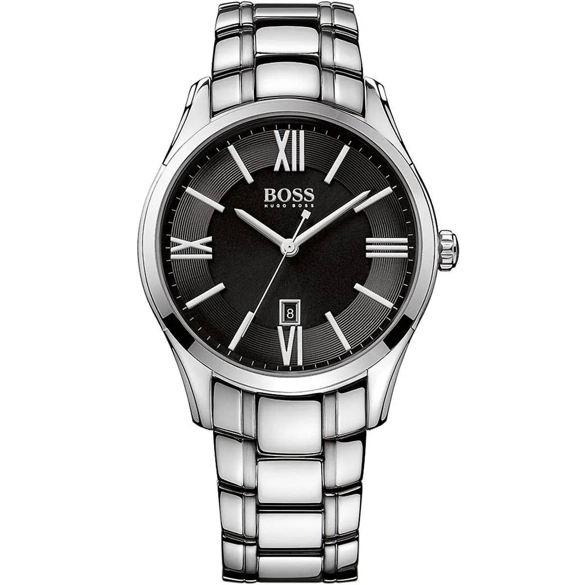 Hugo Boss Ambassador 1513025 men's watch with black sunray dial, silver metal link strap, and 30m water resistance main view