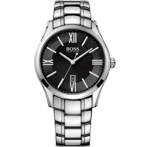 Hugo Boss Ambassador 1513025 men's watch with black sunray dial, silver metal link strap, and 30m water resistance main view