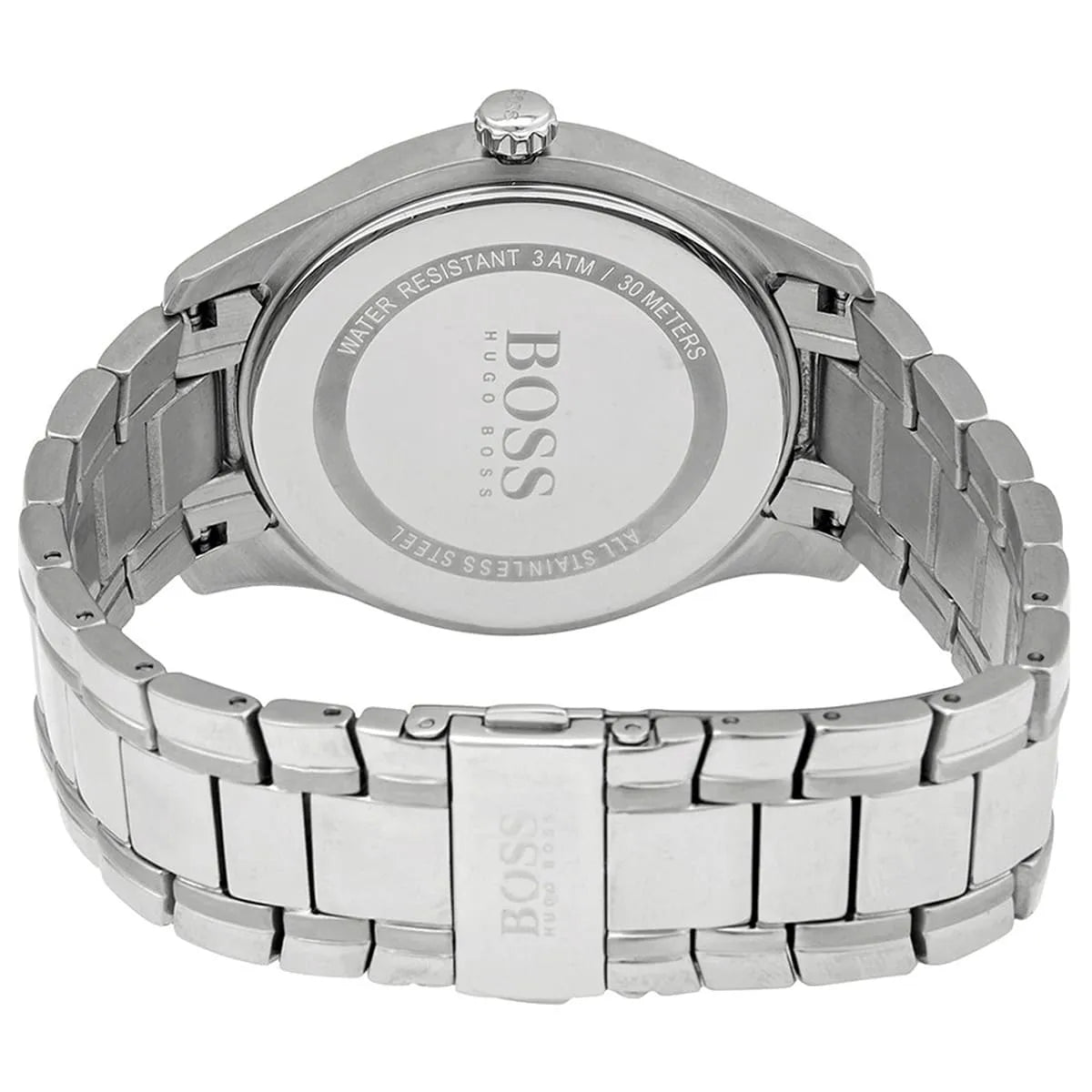 Caseback of Hugo Boss Ambassador 1513025 showing technical specs black dial and silver metal strap 30m water resistance