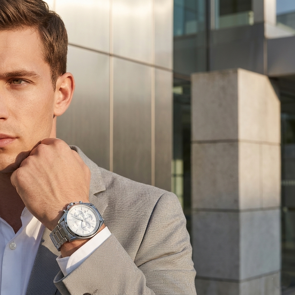 Professional man wearing Hugo Boss Driver 1513039 with silver dial and silver metal link strap water resistant 30m