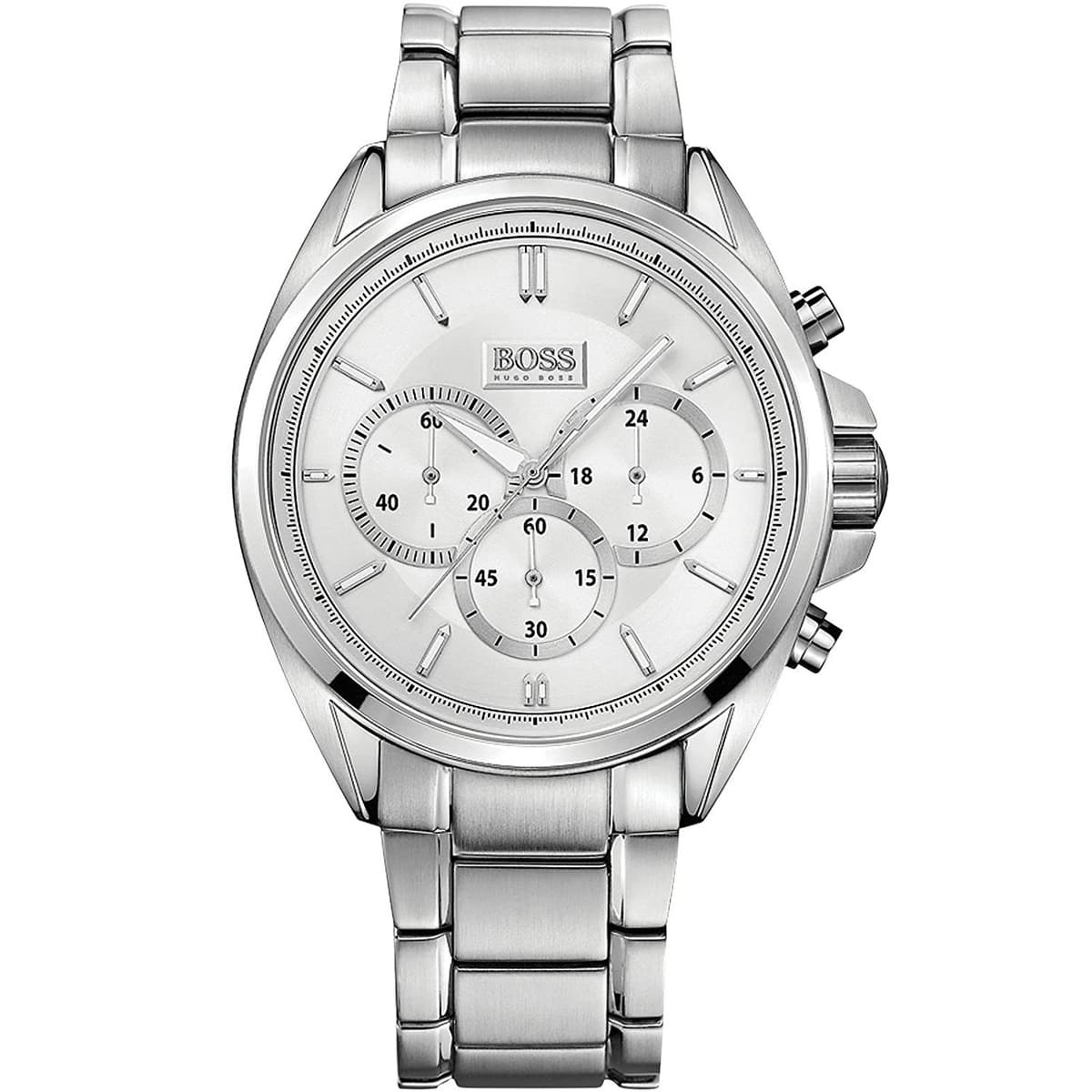 Hugo Boss Driver 1513039 men's watch with silver sunray dial, silver metal link strap, and 30m water resistance main view