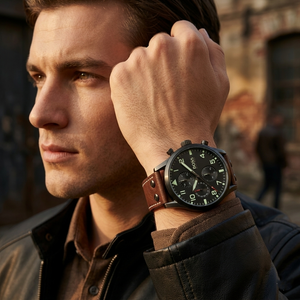 Professional man wearing Hugo Boss Aeroliner Maxx 1513079 with black dial and gunmetal case leather strap water resistant 50m