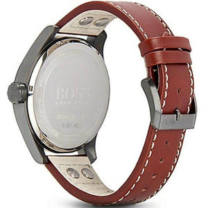 Caseback of Hugo Boss Aeroliner Maxx 1513079 showing technical specs black dial and brown leather strap 50m water resistance