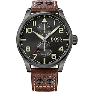 Hugo Boss Aeroliner Maxx 1513079 men's watch with black dial, luminous numerals, gunmetal matte case, brown leather strap with rivets, and 50m water resistance main view