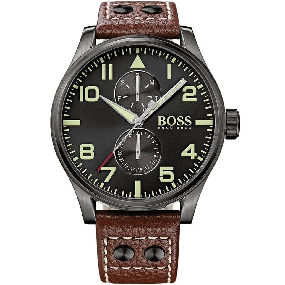 Hugo Boss Aeroliner Maxx 1513079 men's watch with black dial, luminous numerals, gunmetal matte case, brown leather strap with rivets, and 50m water resistance main view