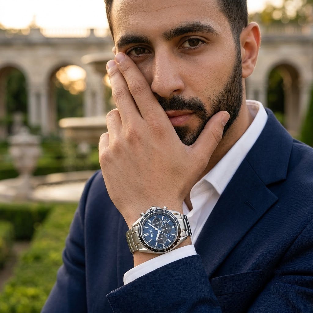 Lifestyle luxury shot featuring Hugo Boss Driver 1513081 men's watch.