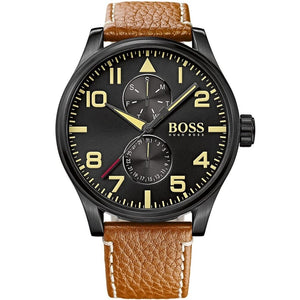 Hugo Boss Aeroliner Maxx 1513082 men's watch with black dial, gold-tone numerals, matte black case, tan brown leather strap, and 50m water resistance main view