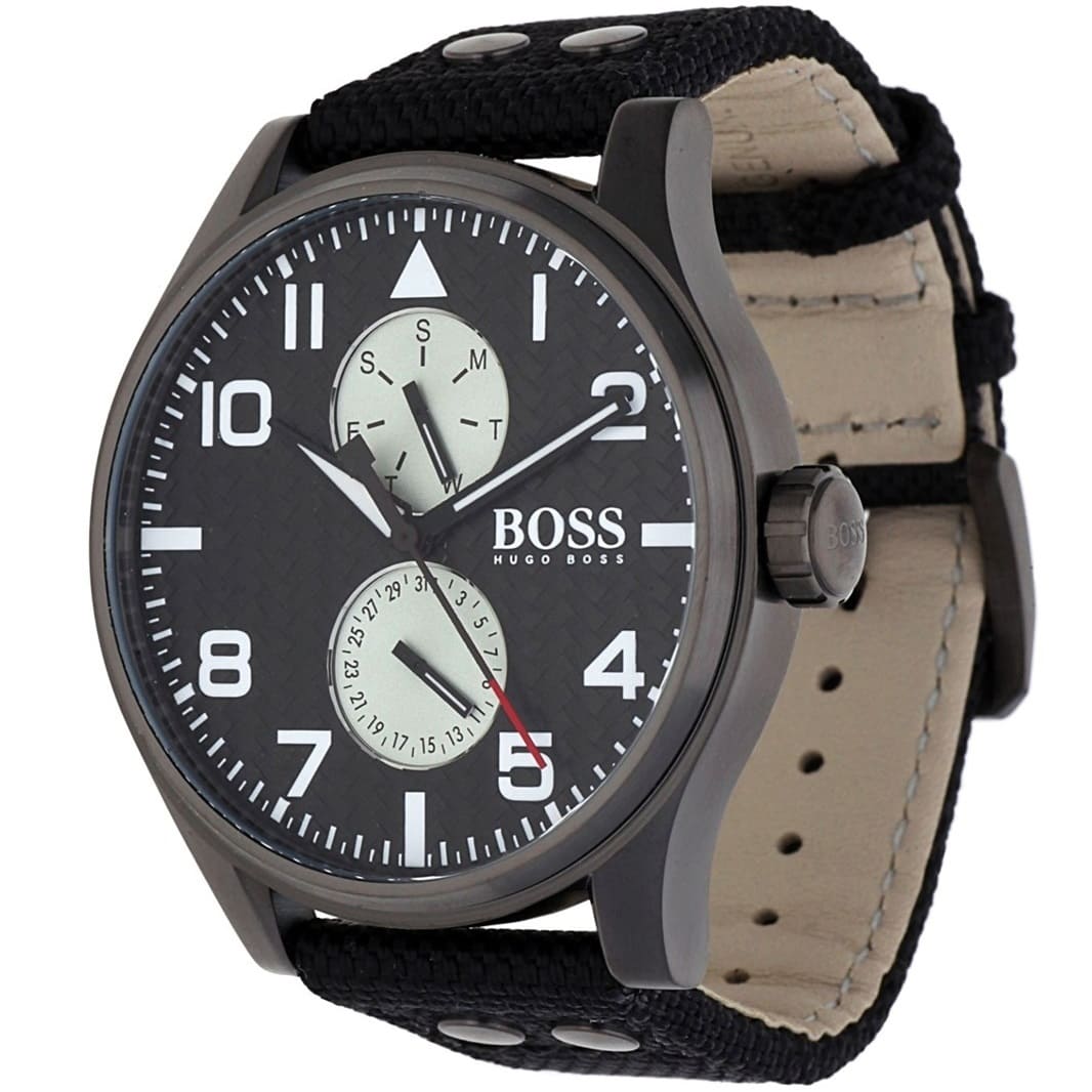 Right angled view of Hugo Boss Aeroliner Maxx 1513086 highlighting black woven dial and matte black finish 50m water resistance