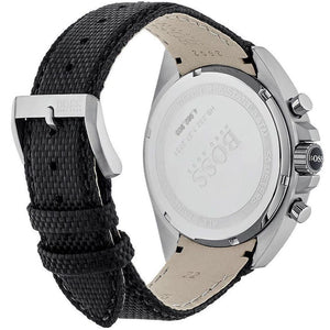 Watch with black strap and silver case on a white background