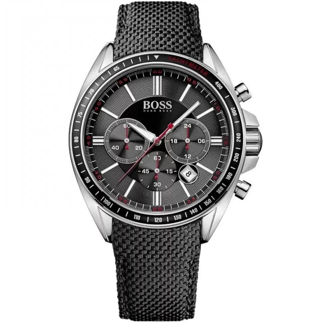 Front view of Hugo Boss Driver 1513087 men's watch with grey dial, silver case and black fabric strap.