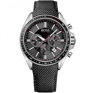 Front view of Hugo Boss Driver 1513087 men's watch with grey dial, silver case and black fabric strap.