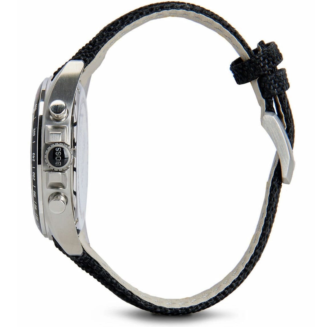 Side profile view showing the case thickness of the Hugo Boss Driver 1513087 watch.