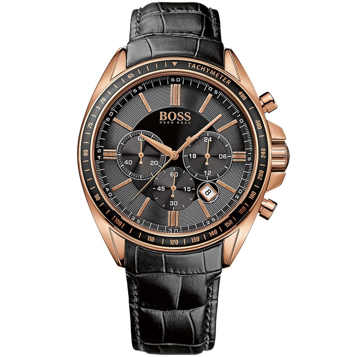Front view of Hugo Boss Driver 1513092 men's watch with black dial, rose gold case and black leather strap.