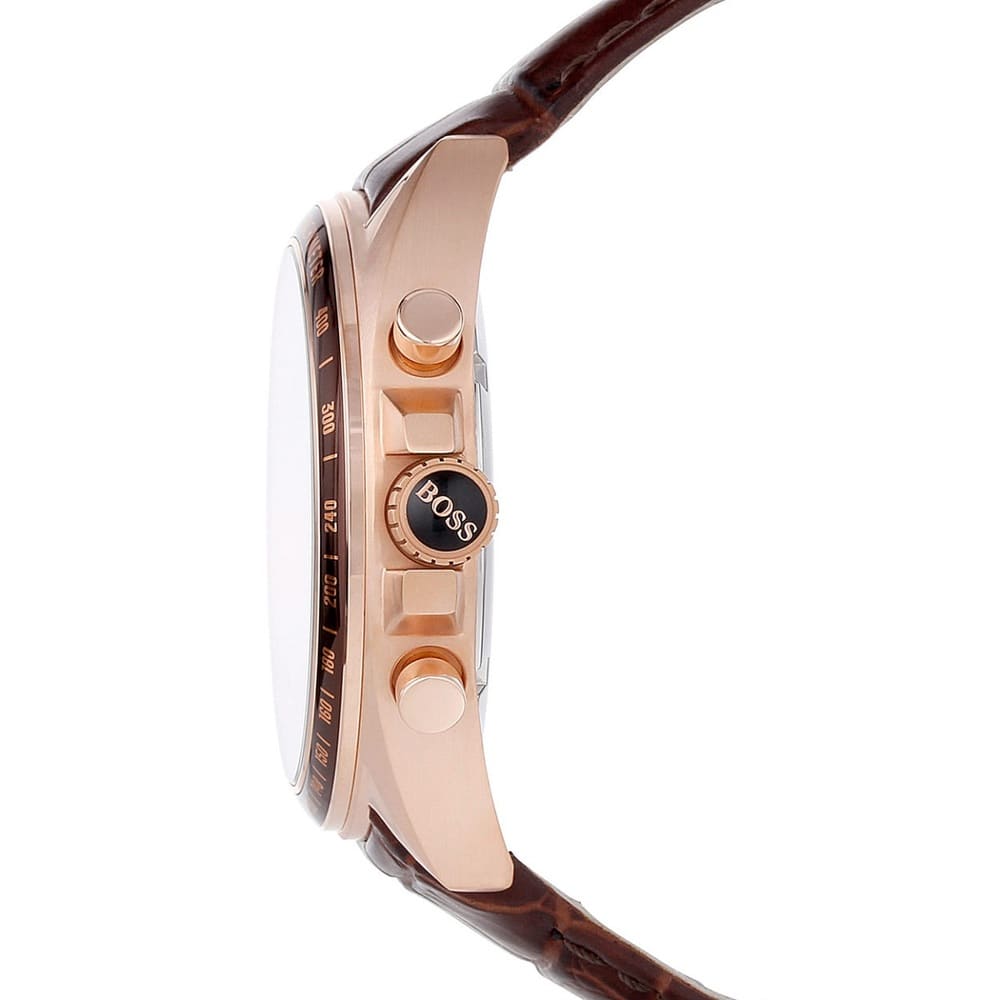 Detailed view of rose gold crown on Hugo Boss Driver Runner 1513093 with brown dial and brown leather strap 50m water resistant